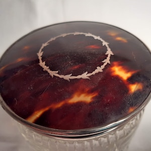 Silver Hallmarked Art Deco Lidded Jar with a Silver Collar and Silver and Faux Tortoiseshell Decorated Lid