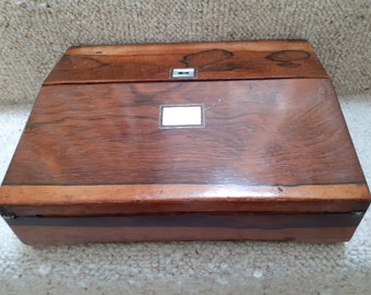 Antique Rosewood Slope Front Work Box With Mother Of Pearl Inlay