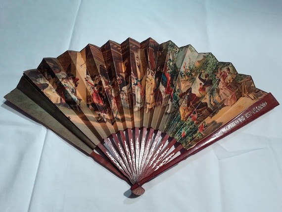 Antique Spanish Hand Painted Wood- Paper Hand Folding Fan Hand Fan, Spanish Style, Hand Painted, Wood Open Cut-Work  main image 3