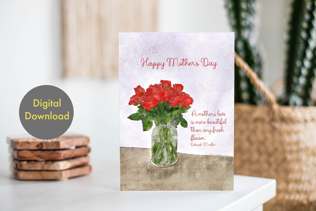 Mothers Day Card Red Rose Printable, Digital Card - Etsy