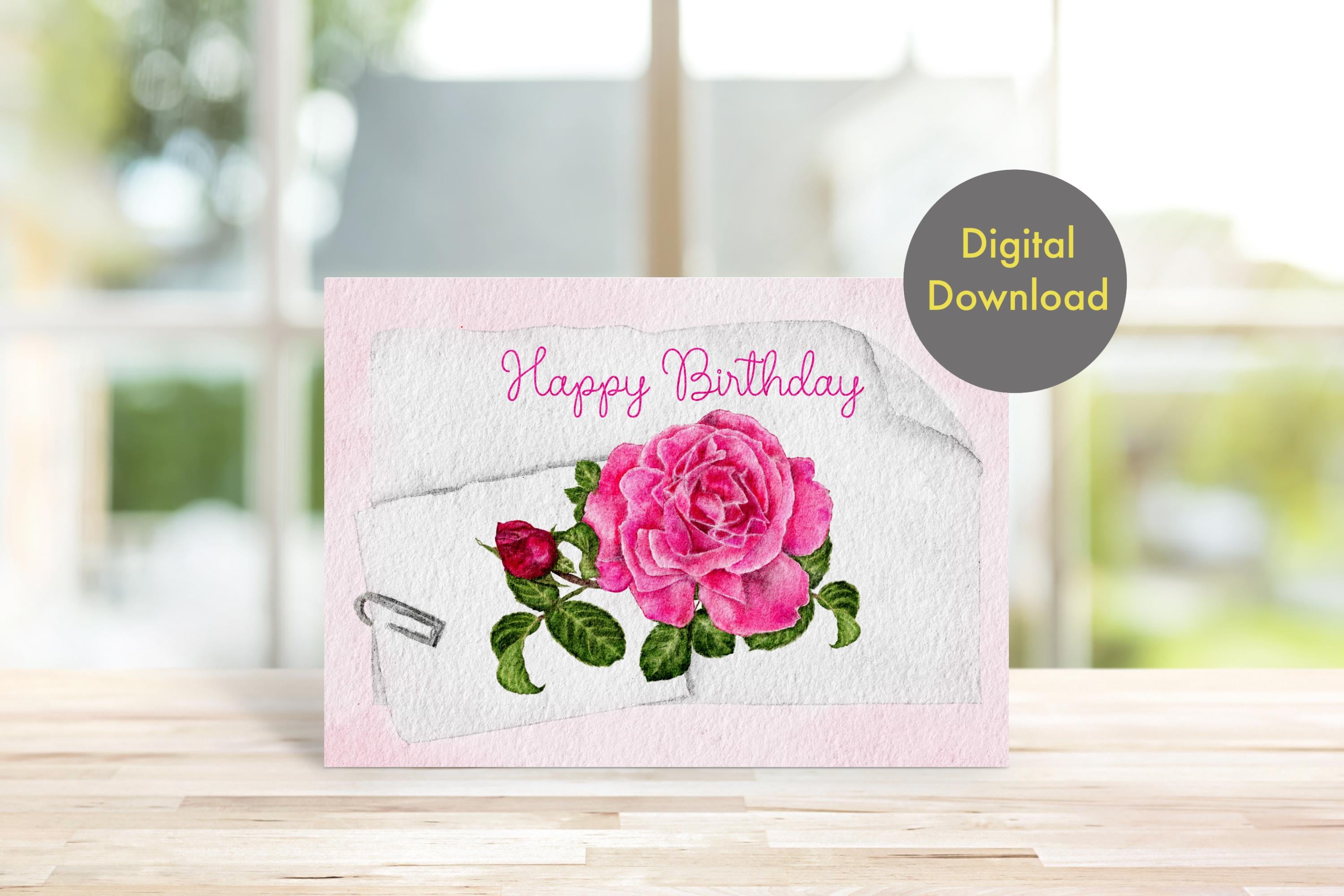 Birthday Card - Pink Rose - Printable, Digital Card - Etsy