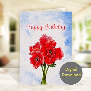 Birthday Card - Red Papaver - Printable, Digital Card