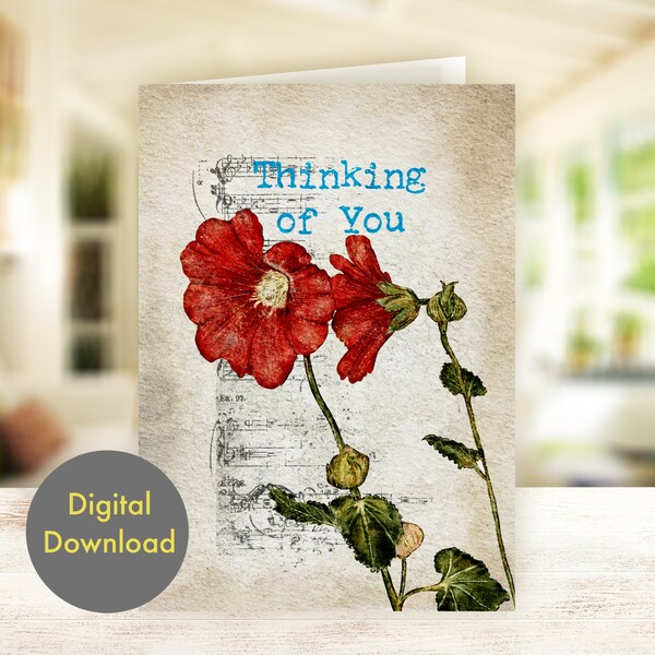Thinking of you Karte - Stockrosen - Printable, Digital Card