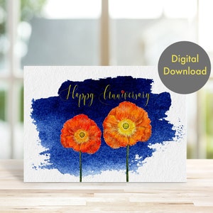 Tarjeta de aniversario - Hermosas flores de amapola - Tarjeta digital imprimible