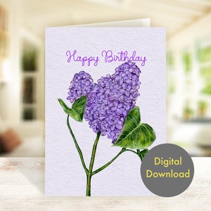 Cartão de Aniversário - Flores Lilás - Cartão Digital para Impressão