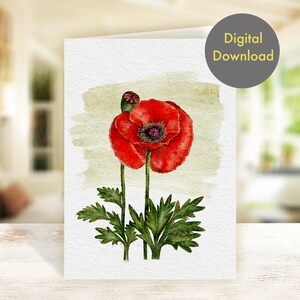 Leere Grußkarte - Wunderschöne rote Mohnblume - Printable - Digitale Karte