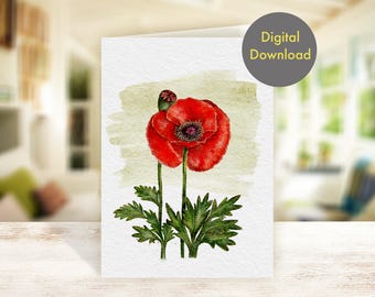 Röd vallmo-hälsningskort: Handritad blommönster (digitalt kort)