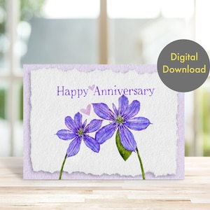 Tarjeta de aniversario - Hermosas flores Clematis - Tarjeta digital imprimible