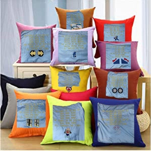 May include: A set of 10 decorative throw pillows with light blue covers and yellow embroidered text. The text on the pillows includes the lyrics to the song "The Wheels on the Bus".
