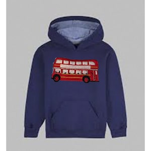 May include: A navy blue hooded sweatshirt with a red double-decker bus embroidered on the front.