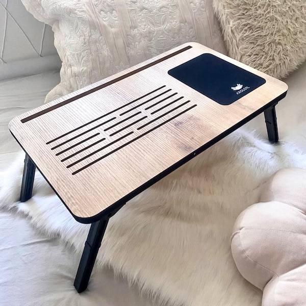 Plateau de lit pliable - Bureau avec tapis de souris - Bureau de lit - Plateau pliable pour les genoux - Plateau de petit-déjeuner avec compartiment pour téléphone - Cadeau