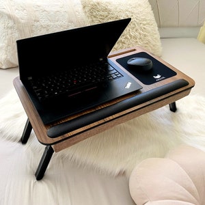 Hopfällbart laptop-skrivbord, vadderat knäbord med telefon- och surfplattahållare