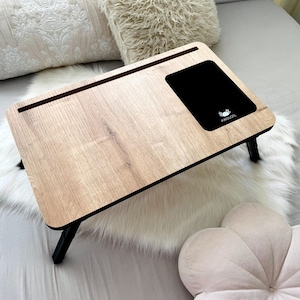 Folding Lap Desk with Mouse Pad, Bed Tray With Phone Compartment, Tablet Reading Writing Drafting, Breakfast Tray