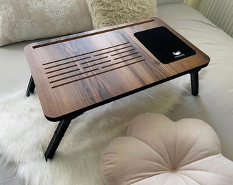 Foldable Laptop Bed Tray – Dark Brown, with Mouse Pad & Phone Holder