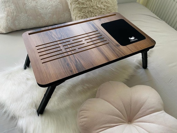 Table De Lit Pliable Bambou - Plateau Ordinateur Portable Avec Tiroir Et Évents 50x30 Cm Support Laptop Lit
