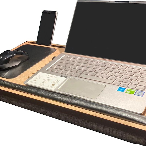 Laptopstandaard met kussen, schootbureau met muismat, bedlade met telefooncompartimenten, polssteun, freelancer cadeau voor linkshandig