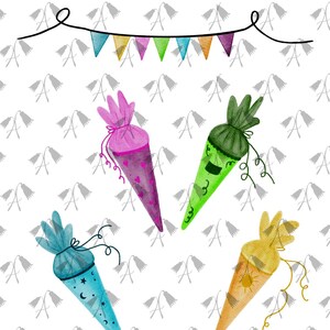 May include: Watercolor illustration of four colorful school cones, each with a unique design and color scheme: pink with hearts, green with a bow, blue with stars and moons, and yellow with a sun. A banner of colorful pennants hangs above.