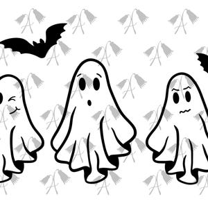 May include: Black and white illustration of three cartoon ghosts with different facial expressions. Two black bats are flying above the ghosts. The ghosts are wearing white sheets and have black eyes.