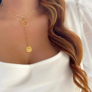 Evil eye Y necklace, coin necklace, dainty gold necklace, dainty jewelry, gold filled necklace, evil eye gold coin necklace, gifts for her