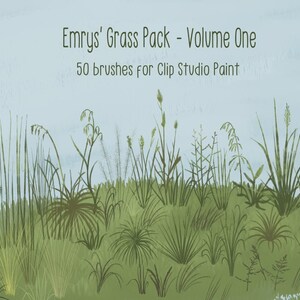 Könnte beinhalten: Eine digitale Illustration eines Feldes mit grünem Gras mit 50 verschiedenen Arten von Grashalmen. Der Text "Emrys' Grass Pack - Volume One" und "50 brushes for Clip Studio Paint" wird über dem Gras angezeigt.