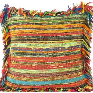 Housse de coussin jaune fait main en chindi 16 à 24 ans, toutes les tailles, multicolore, sari recyclé, tapis chindi, décoration d'intérieur, housse de coussin pour canapé, tapis tissé à la main RCCC-01