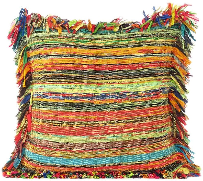 Housse de coussin jaune fait main en chindi 16 à 24 ans, toutes les tailles, multicolore, sari recyclé, tapis chindi, décoration d'intérieur, housse de coussin pour canapé, tapis tissé à la main RCCC-01