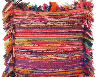 colorful boho pillow cover, indian handmade pillow, bohemian pillow farmhouse cushion chindi rag rug pillow throw  accent pillow sari pillow