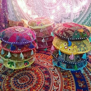 Round Cushions Boho Pillows Cover Patchwork Cushion Floor Cushions Colorful Embroidered Cushions With Pom Pom Hippie Throw Sofa Pillows Boho