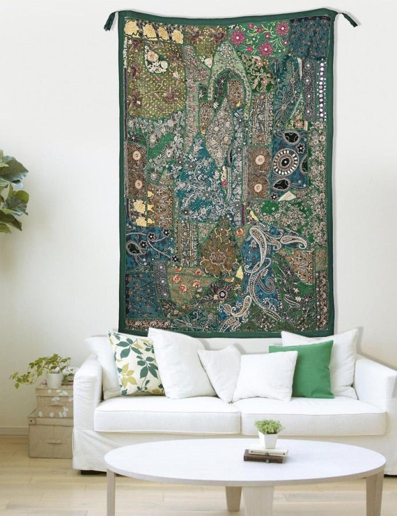 INDIAN EMBROIDERED VINTAGE BEADS ZARI WORK WALL HANGING HAND TAPESTRY DECOR ART 