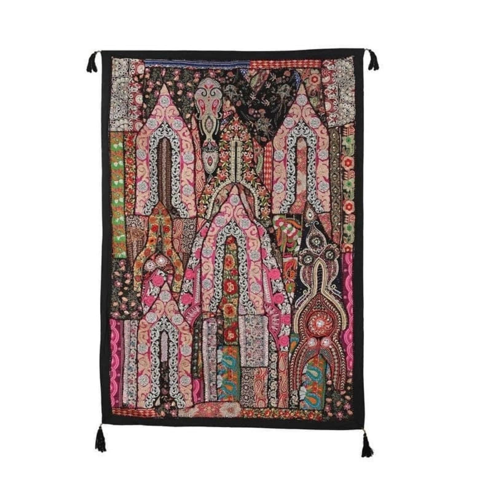 Tenture Murale Indienne Brodée Main - Soie Et Coton - 104x104 Cm - Motif Floral Vintage - Occasion