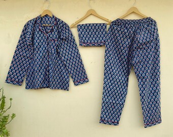 PJ Set - Cotton Block Print Pajama Set- Bridal Party Gift - Bridesmaid Gifts - Long Pant Sleeve Set - Bachelorette Party - Pajama for Women