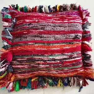 colorful boho pillow cover, indian handmade pillow, bohemian pillow farmhouse cushion chindi rag rug pillow throw  accent pillow sari pillow