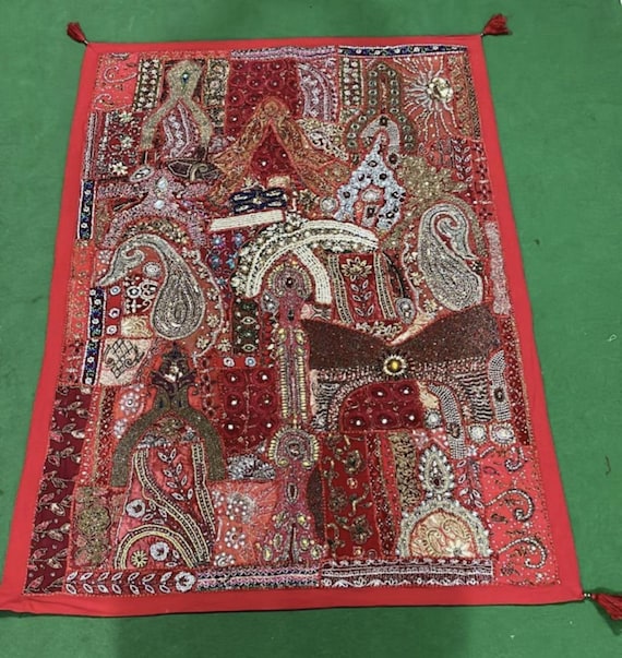 Tapisserie Murale Artisanale 100x100cm, Broderie Ethnique Avec Perles Et Miroirs, Style Vintage, Neuf