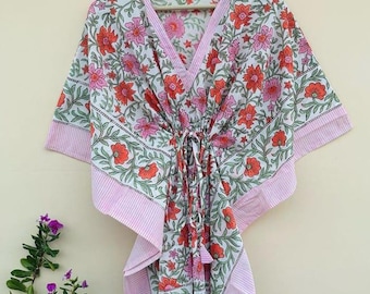 Summer Cotton Kaftan, Beach Cover, Block Print Kaftan, loungewear, Sleepwear Dress, Boho Cotton Dress, Gift For her, Holiday Dress, Kaftan