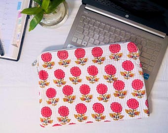 Boho Laptop Sleeve Handmade Block Print Laptop With zippier , Laptop Case, Ipad Pouch Bag, Tablet Protector, Cotton Quilted Laptop Sleeves