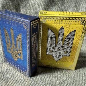 Barajas irrompibles de Ucrania, azul y amarillas, cartas ilustradas personalizadas, motivo Trizub, lámina, patrón folklórico Vishivanka, soporte de Ucrania