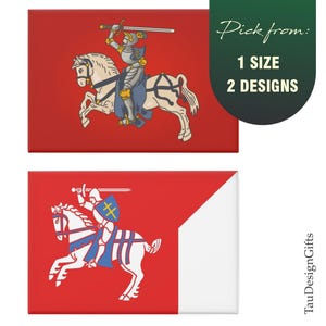 May include: Two designs of a red and white magnet featuring a white horse with a knight riding it. The knight is holding a sword and wearing armor. The text "Pick from: 1 SIZE 2 DESIGNS" is on a green background.