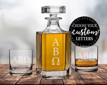 Custom Fraternity Letters Decanter Set | Fraternity Whiskey Decanter and Glasses | Custom Fraternity Glassware Barware Bourbon Set