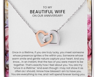 Anniversary Gift for Wife – Interlocking Hearts Necklace with Romantic Message Card – “Once in a Lifetime” Love Jewelry for Her