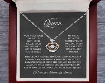To My Queen Crown Necklace, Romantic Gift for Her with Message Card, Wife, Girlfriend, Anniversary, Birthday, Sterling Silver Jewelry Gifts