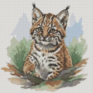 May include: A mosaic-style image of a bobcat cub. The cub has brown and black fur with a white underbelly. It is sitting in front of green foliage and brown leaves, with a light blue and white background.
