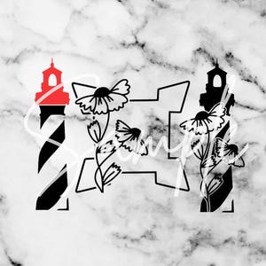 May include: Black and white graphic of the letter "H" with a lighthouse on each side. The lighthouse on the left has a red top. Flowers are incorporated into the design. The background is a marble pattern.