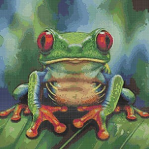 May include: A mosaic-style image of a vibrant red-eyed tree frog. The frog is green with blue and yellow accents, perched on a green leaf. The background features a blend of green and blue hues.