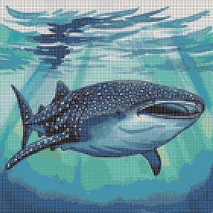 May include: A mosaic artwork depicting a whale shark swimming underwater. The shark is primarily blue with white spots, set against a backdrop of turquoise and blue water. The artwork is composed of small, square tiles.