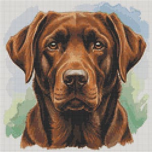 Könnte beinhalten: Ein Mosaik-Porträt eines braunen Labrador Retrievers. Der Kopf und die Schultern des Hundes werden mit einem pixeligen Effekt dargestellt, der seine Merkmale vor einem Hintergrund aus hellblauen und grünen Farbtönen hervorhebt. Die Augen des Hundes sind sichtbar.