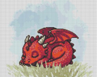 Schema per punto croce del drago rosso addormentato (PDF stampabile)
