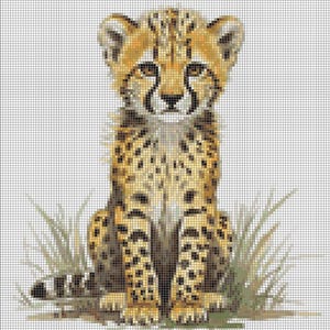 May include: A mosaic-style image of a cheetah cub sitting upright. The cub has a tan coat with black spots, a black nose, and dark eyes. It is surrounded by green and tan grass against a white background.