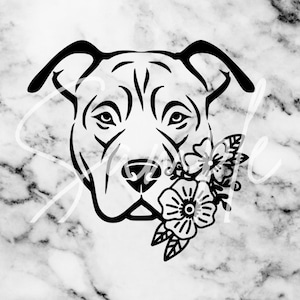 May include: Black and white graphic of a dog's face with floral accents. The dog's features are outlined in black, with a detailed depiction of the eyes, nose, and ears. A cluster of flowers and leaves is positioned near the dog's face.