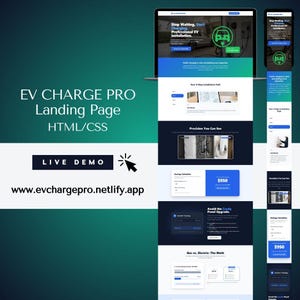 May include: A website landing page design for EV Charge Pro, displayed on a laptop and a smartphone. The design features a green and blue color scheme, with sections on EV charging and installation. The text includes "Stop Waiting, Start Charging."