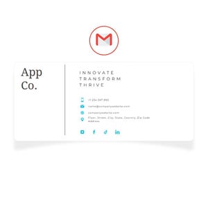 May include: A white business card with blue and red accents. The card has the text "App Co." on the left side and "INNOVATE TRANSFORM THRIVE" on the right side. The card also includes contact information, including a phone number, email address, website address, and a physical address. Social media icons for Facebook, Instagram, TikTok, and LinkedIn are also included.